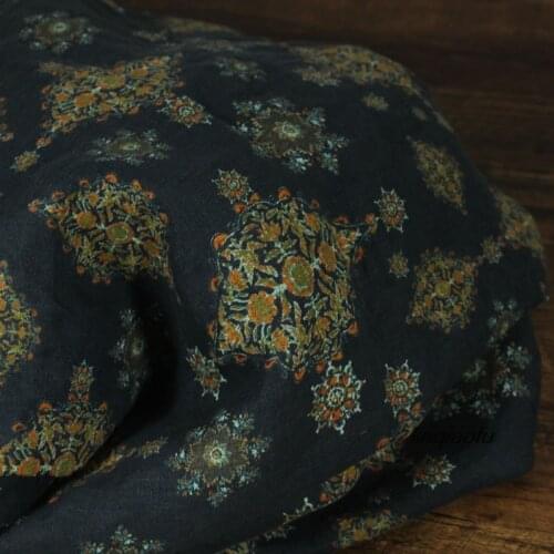 Pure linen printed fabric, shirt robe dress retro ethnic clothing fabric
