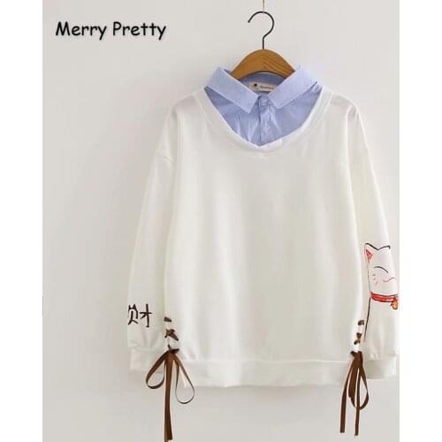 Merry Pretty Womens Cartoon Cat Harajuku Hoodies Sweatshirts 2020 Winter Long Sleeve Turndown Collar Cute Pullovers Tracksuits