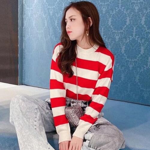 Korean style Women Striped Pullover Cropped Sweater 2021 Runway Designer Round neck Short Knitted Top Sweaters jersey mujer