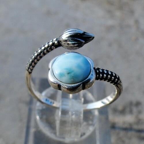 Wholesale Open Size Ring Natural Larimar Gemstones 6MM With Antique 925 Sterling Silver Lotus Ring For Women