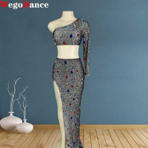 Women Dress Sexy Costumes Sparkly Glass Rhinestones Long Diamond Birthday One Sleeve Dancer Mesh Lace Party Top