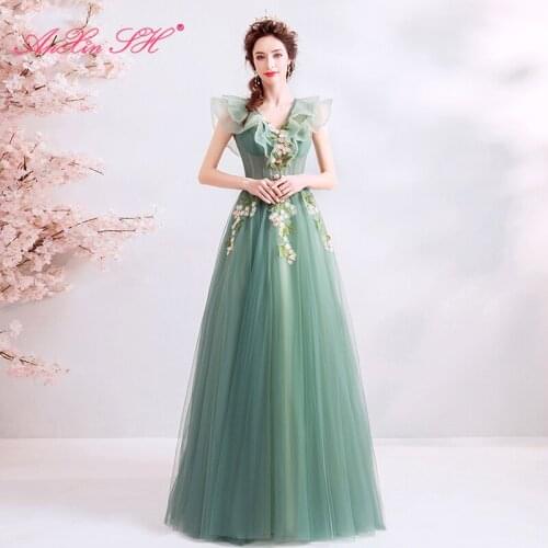 AnXin SH green Lace flowers the word princess evening dress sleeveless vintage v neck green lace ruffles evening dress 5712