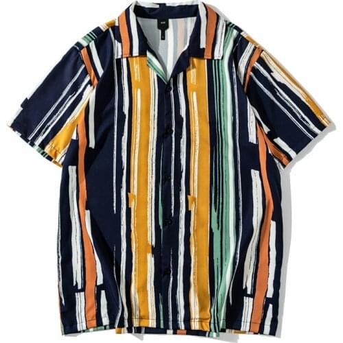 2021 Summer Mens Button Beach Shirt Short Sleeve Stripe Shirt Men Clothing Men Casual Hawaiian Shirts for Men Chemise Homme