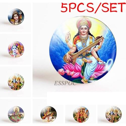 5PCS/SET Buddhist Vishnu Lakshmi Amulet 25mm Round Glass Cabochon Photo Cameo DIY Jewelry Handmade Pendant