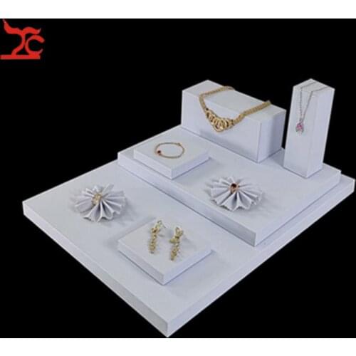 8Pcs/lot Morden White PU leather Jewelry Display Counter Showcase Solid Ring Holder Pendant Necklace Earring Board Stand Tray