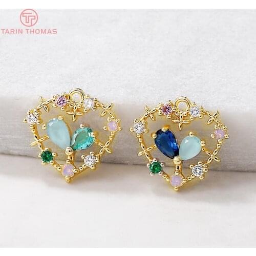 4PCS 14x15MM Hole 1MM 24K Gold Color Brass with Zircon Heart Charms Pendants High Quality Diy Jewelry Accessories