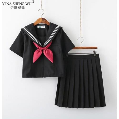 Black JK Uniform Japanese School Uniforms Girls Sailor Sets Pleated Skirt Anime COS Costume Summer Short/long Sleeve Women