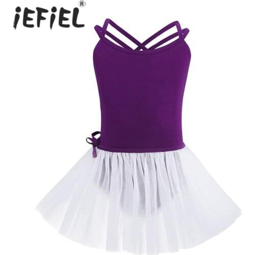 Kids Girls Cotton Spaghetti Shoulder Straps Ballet Dance Gymnastics Leotard with Mesh Tied Skirt Ballet Competition Dancewear