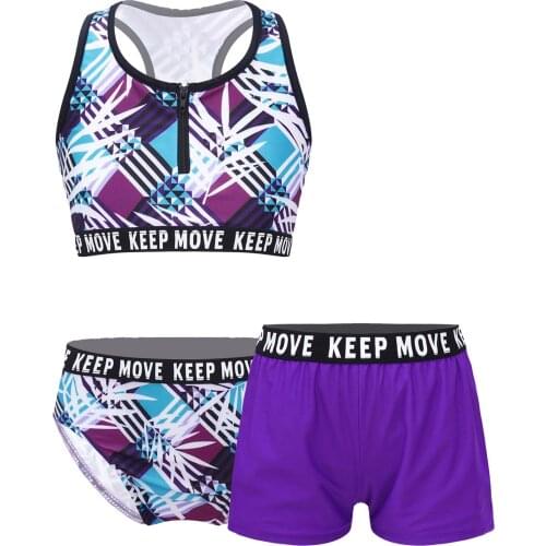 Kids Girls Swimming Suit Round Neck Racer Back Front Zipper Crop Tops with Briefs and Shorts Set Beach Swimwear Bathing Suits