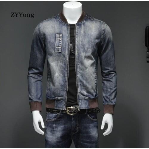 New Autumn European Style Stand Collar Bomber Pilot Blue Denim Jacket Men Jeans Coats Slim Motorcycle Casual Outwear Clothing