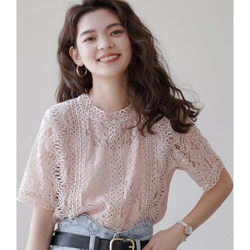 Summer Women Blouse Short Sleeve O-Neck Casual Lace Hollow Out Elegant Cropped Shirts Korean Fashion Clothing Plus Size Pink