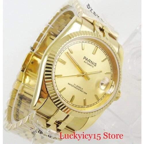 PARNIS Mechanical Watch Luxury Yellow Gold Coated 36mm Automatic Wristwatch Date MIYOTA 8215 Bracelet Clasp Sapphire Crystal