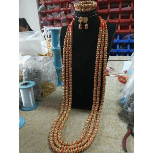 Amazing Dubai Gold African Coral Beaded Jewelry Sets 45inches Long Coral Bridal Statement Necklace Set 2019 Women Jewelry CNR853