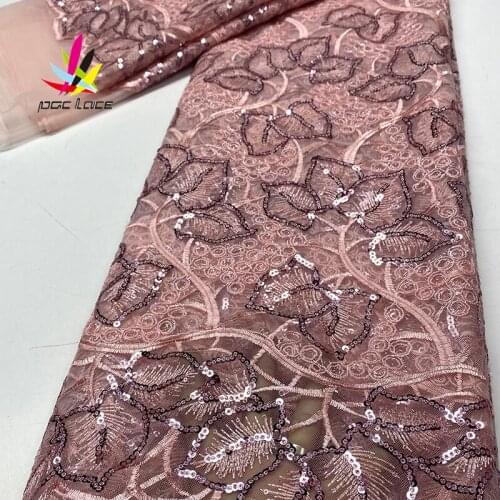Latest Sequence Nigerian sequins net lace 2021 high quality African tulle mesh Pink lace fabric for dress 5yards/lot