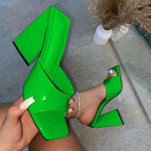 2021 New Fashion Candy Color Sandals Womens Large Size Square Toe Thick Heel High Heel Sandals And Slippers