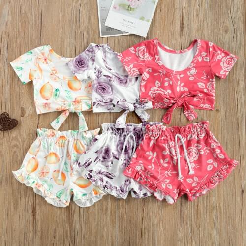 2Pcs Summer New Toddler Infant Flower Print Outfits Casual Baby Girls Short Sleeve Bowknot T-shirt+Ruffle Drawstring Shorts Set