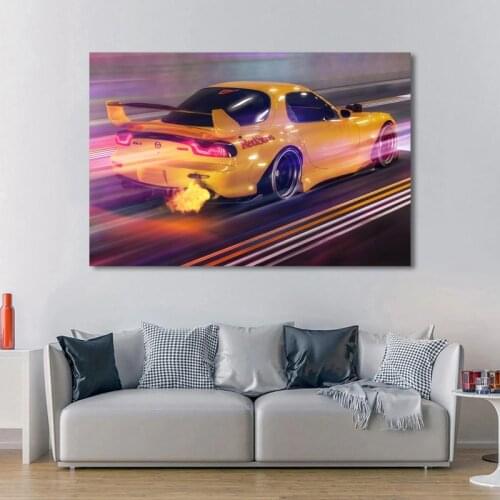 Supercar Posters MAZDA RX-7 Yellow Racing Cars Drift Vehicles Wallpaper Print in Canvas Paintings Wall Art for Home Room Decor