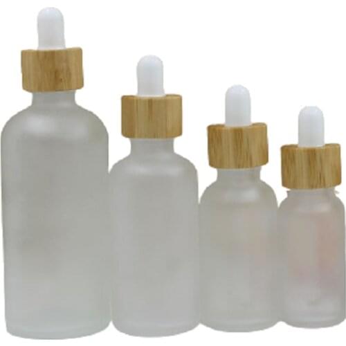 Empty Frosted Glass Packaging Bottle Essential Oil Pipette Vials Bamboo Wood Ring White Top 5ml 10ml 15ml 20ml 30ml 50ml 100ml