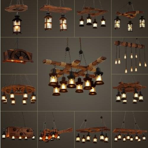 Retro Chandelier Wood Lamp Glass Lampshade Bar Industrial Style Loft Solid Restaurant Coffee Shop E27 Iron Chain Chandelier
