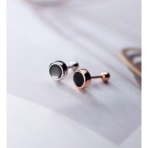 925 Sterling Silver Black Round Single Stud Earring Screw Back Men Women Jewelry A1096
