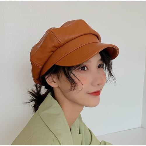 Fashion Solid Color Octagonal Cap Hats Female Autumn Winter Leather Panama Stylish Artist Painter Newsboy Caps Beret Woman Hat