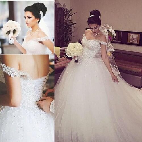 Vestidos de Noiva Princess China Wedding Dresses Beaded Bride Dress Flowers Arab Wedding Gowns Tulle off Shoulder