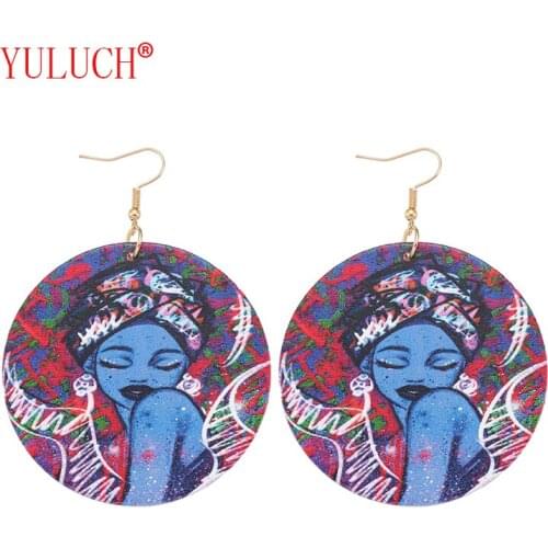 YULUCH Frosty Ethnic Style Elegant Sensual Girl Painted Wooden Round Pendant for Fashion African Woman Earrings Jewelry Gift