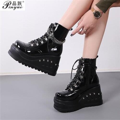 Botas Mujer Plataforma 2018 Winter Womens Boots Punk Style White Wedge High Heel Boots Lace Up Wedge Platform Boots Size 35-43