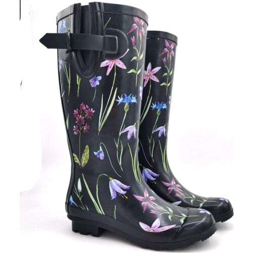 Plus Size Women Fashion High Tube Rain Boots Flower Water Shoes Waterproof Non-slip Thick-soled Rubber Shoes Rain Boots 35-42
