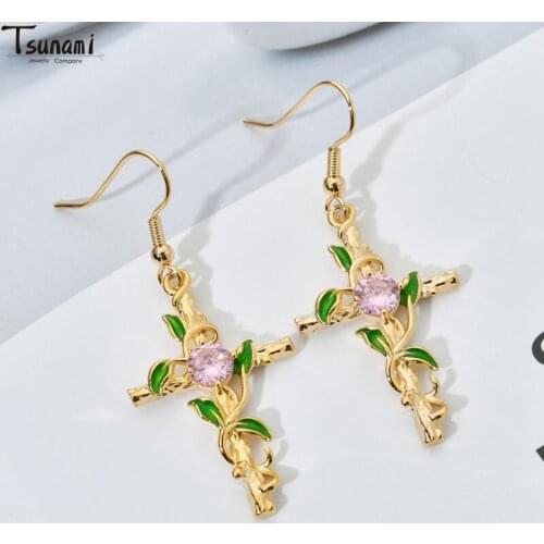 New Ins Fashion Cute Cartoon Popular Cross Faith Bling Zircon Stone Stud Earrings Women 2021 Trend Wedding Jewelry Girls Gifts