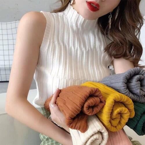 Short Sleeve Mock Neck Ladies Knitted Sweater Blouse Knit Tops Womens Tricot Jumper Korean Style Clothing Pullover Vest Fashion