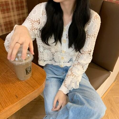 Autumn Hollow Out Knitted Cardigan Womens Fashion Solid Sunscreen Long Sleeve Sweater Single Breasted Causal Loose Streetwear