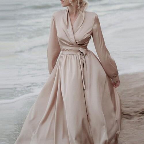 2021 Stylish Long Sleeved Collect Waist Beach Evening Dresses Lady Elegant V Neck Sashes Prom Party Vestido Vacation Long Dress