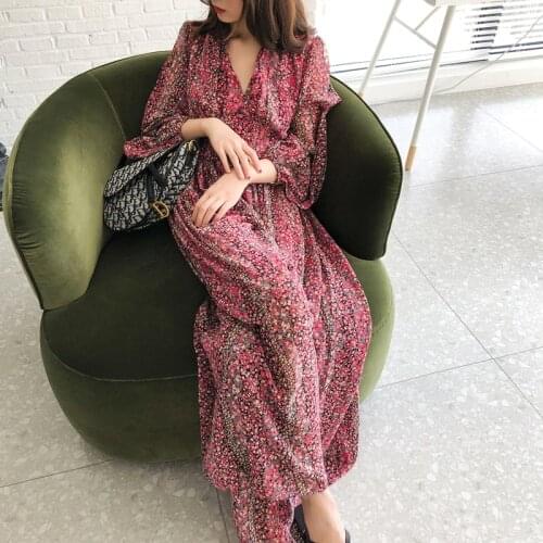Timis Li Print Flowers Women Dresses Deep V neck Long Sleeve Mid-Calf Casual Dresses European Female Office Chiffon Dress