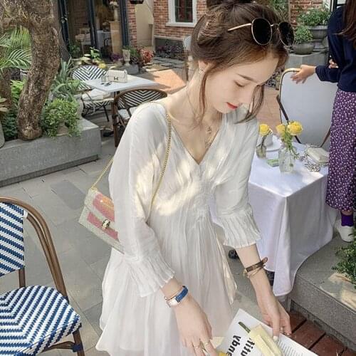 White Vintage Dress Women Summer V-neck Ruffled Tea Break Dress Sweet Waist Pleated Fairy Dress Beach Vacation Women For Party