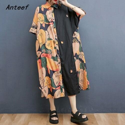 Short sleeve cotton vintage print dresses for women casual loose long woman shirt dress elegant clothes 2021 sundress