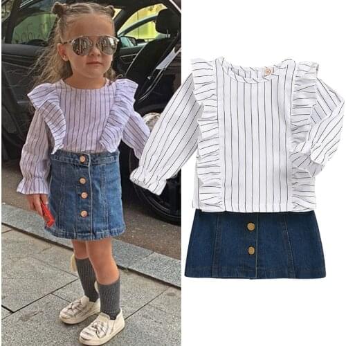2020 New Autumn Kids Girls Clothes Set Long Sleeve Ruffled Striped Top+Denim Dress 2pcs Spring Baby Girl Kids Clothing Sets 2-6Y