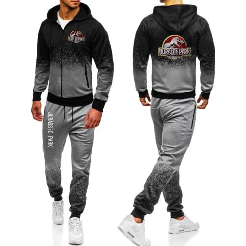 2021 Jurassic Park Men Tracksuit Gradient Color Sport Sweat Hoodie Trousers Pants Track Suits Male Loose Sportswear Set