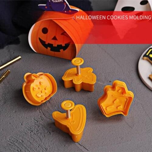 4pcs Halloween Party Decoration Pumpkin Ghost Theme Plastic Cookie Cutter Plunger Fondant Chocolate Mold Cake Decorating Tools