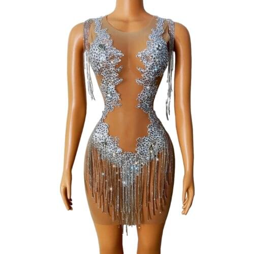 Sparkly Silver Rhinestones Chain Dress Sexy Transparent Birthday Prom Celebrate Birthday Dress Bar Evening Women Singer Dress