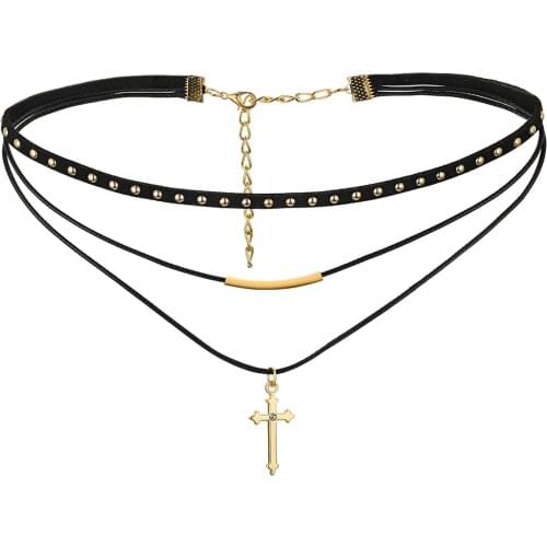 BONISKISS New Arrival 2020 Woman Collar Necklace Multilayer Velvet Leather Rope with Rivet Cross Pendant Ladies Collar Necklace