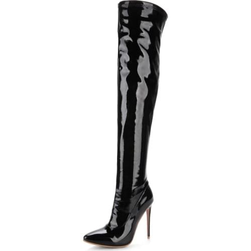 Oversized Patent Leather Long Tube Super High Heel Over Knee Boots Pointed Thin Heel with Red PU Comfortable Warm Womens Shoes