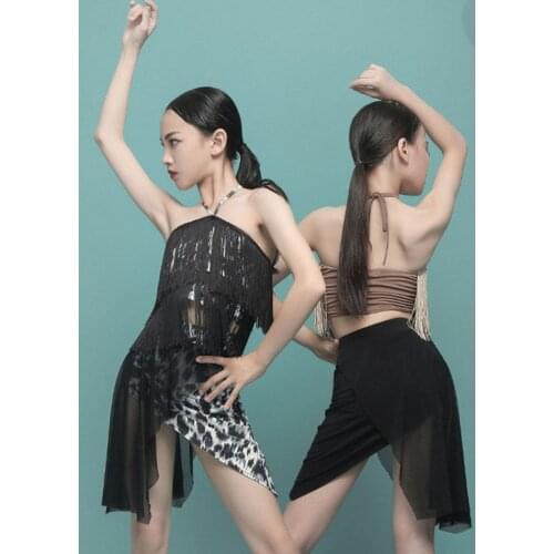 2021 New G1199 Kids Latin Dance T Shirt Girl Taassel Bare Back Tops Latin Dancing Clothes Belly Modern Dance Performance