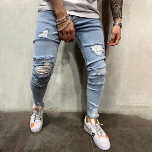 US size Men streetwear hip hop Ripped blue beggar Jeans Destroyed Frayed cotton Casual Joggers Skinny Stretch Denim jeans pants