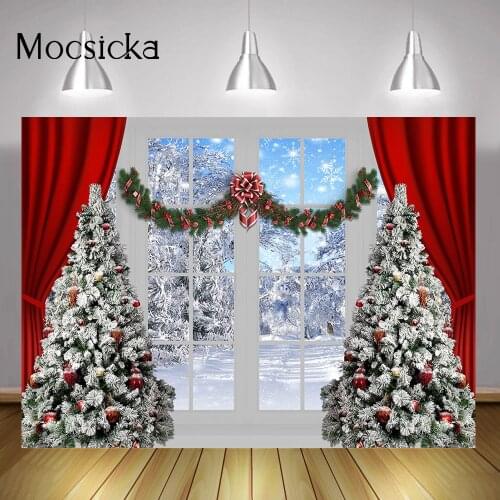 Window Snow Wonderland Backdrop Photography Red Curtain Christmas Tree Background Merry Christmas Portrait Photo Studio Props