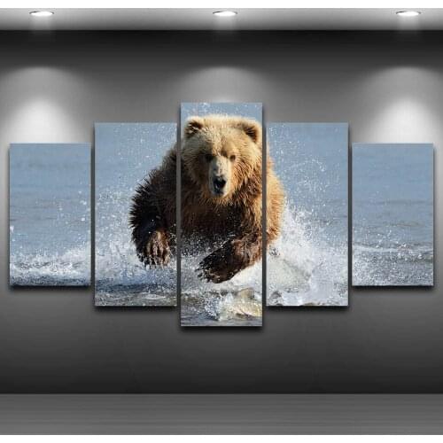 Canvas Paintings Living Room Prints Brown Bear Posters Framework 5 Pieces Dabble Water Grizzly Bear Pictures Wall Art Home Decor