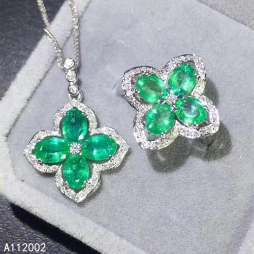 KJJEAXCMY fine jewelry natural Emerald 925 sterling silver women gemstone pendant necklace ring set support test lovely