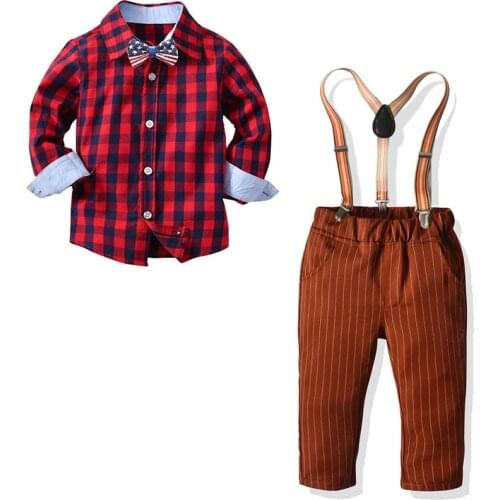 Boys Clothes Sets Infant Children Bowtie Lattice Shirt +Suspender Pants 2Pcs Party wedding Children Gentleman Outfits
