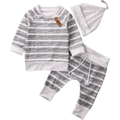 3Pcs Newborn Baby Girl Boy Clothes Set Toddler Kid Long Sleeve Striped Top Tshirt Pants Panties Hat Outfit 0-12M Spring Autumn