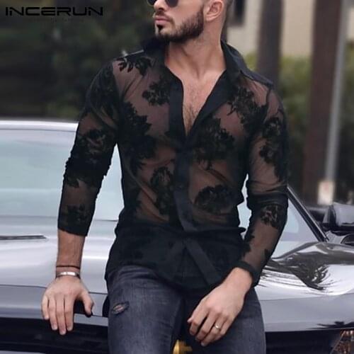 Men Mesh Shirt Lace Lapel Long Sleeve 2021 Transparent Streetwear Sexy Camisas Fashion Party Nightclub Shirts Men S-5XL INCERUN